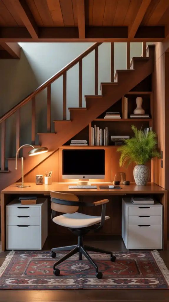 bright under stairs study desk near window