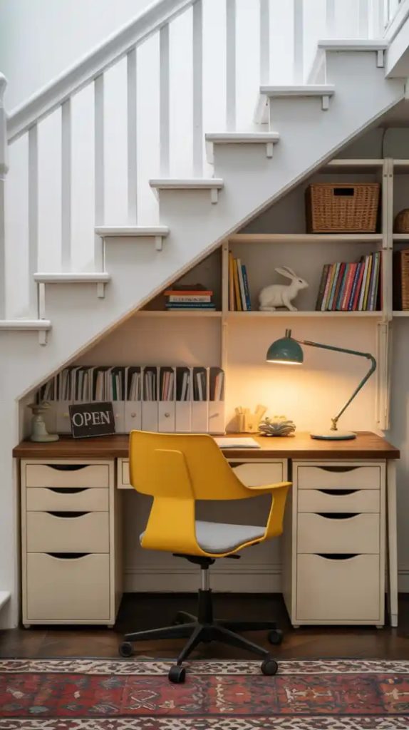 rustic boho under stairs workspace with rattan chair