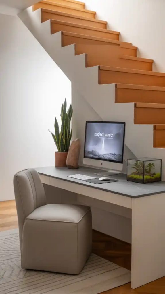 compact home office under stairs with sliding door