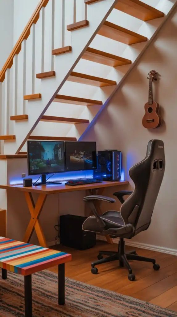 small study space under stairs with indoor plants