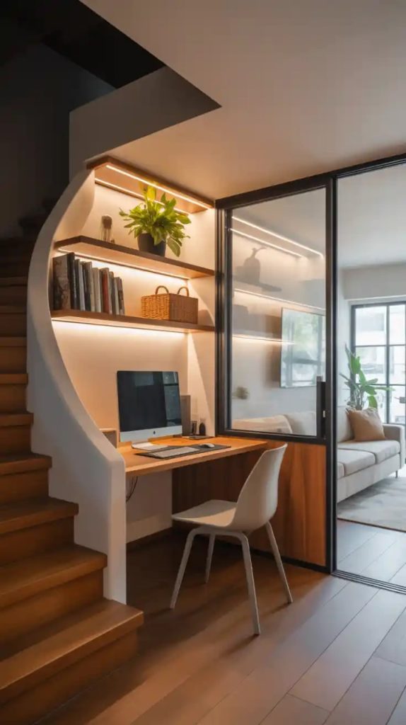 cozy reading nook with bookshelves under staircase