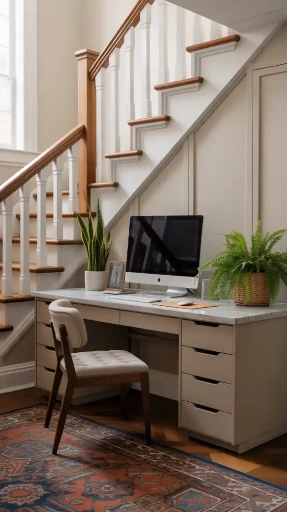 minimalist under stairs study nook with floating shelves