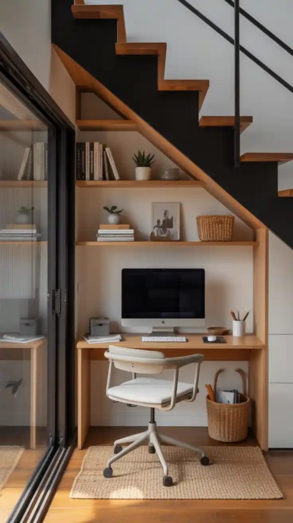 built-in under stairs desk with custom cabinetry