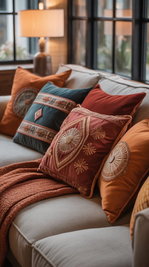 bold statement pillow on neutral couch