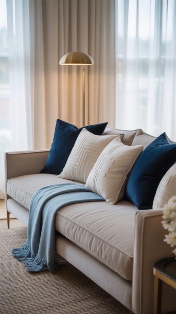 farmhouse couch pillow arrangement with stripes