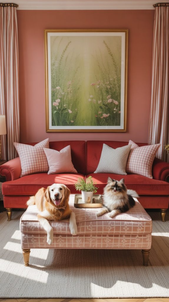 velvet and fur throw pillows on living room couch