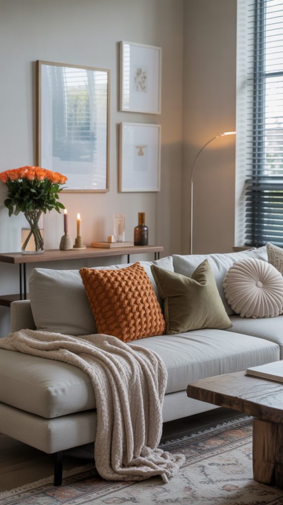 cozy textured throw pillows on gray sofa