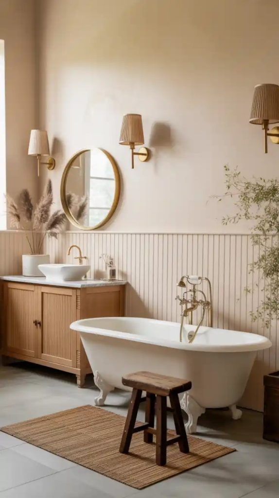 Mosaic accent wall in bohemian bathroom