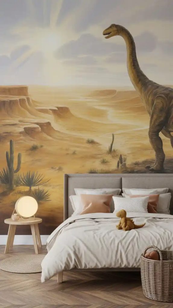 Prehistoric wall mural with volcano and palm trees