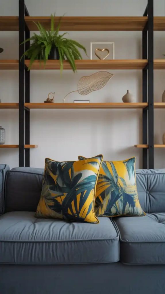 Modern living room with wooden floating shelves decor