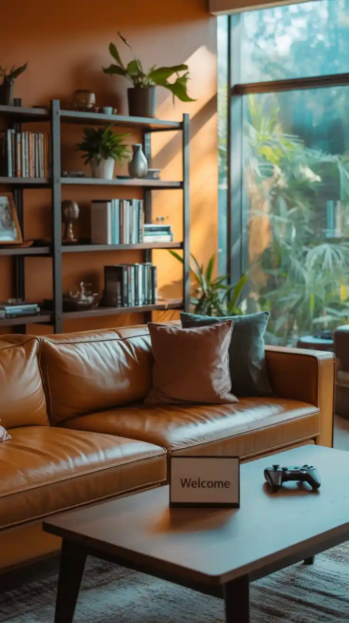 Living room with arched mirror above modern sofa