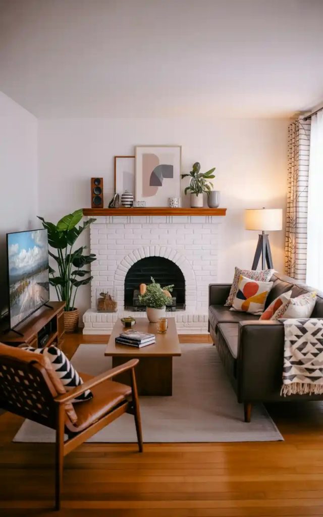 Seasonal Boho fireplace with pumpkins and pampas