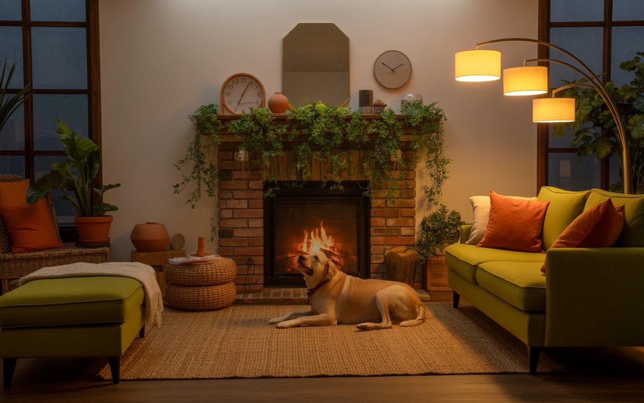 Patterned Moroccan tiles around fireplace surround