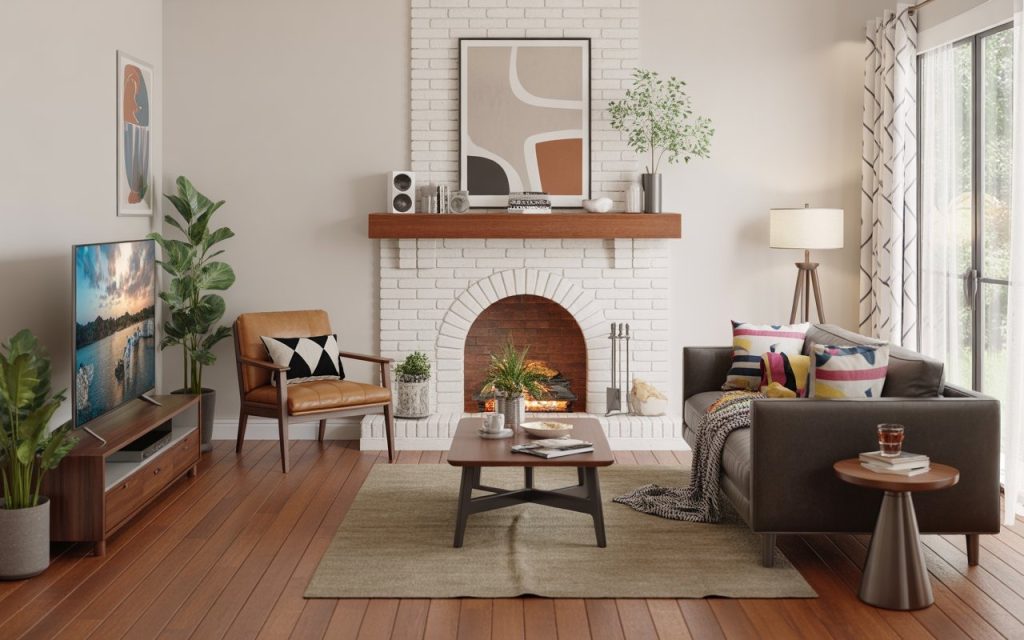Fireplace styled with pampas grass and indoor plants