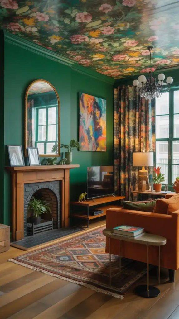 Moroccan lanterns and fairy lights above fireplace