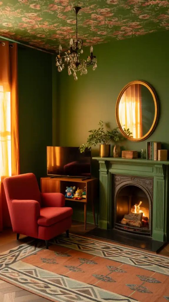 Fireplace mantel styled with eclectic art and candles