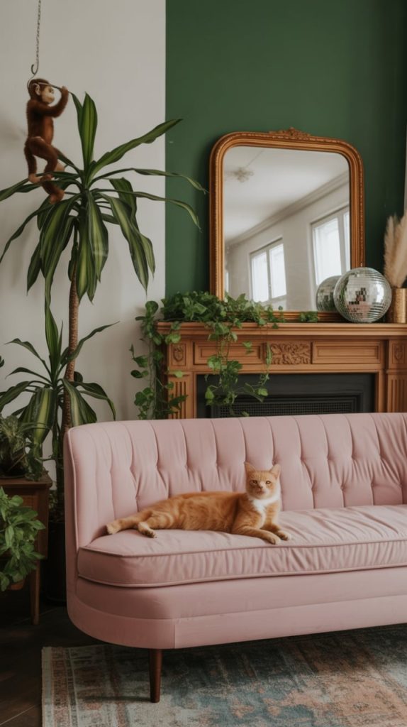 Wicker baskets and throws beside a Boho hearth