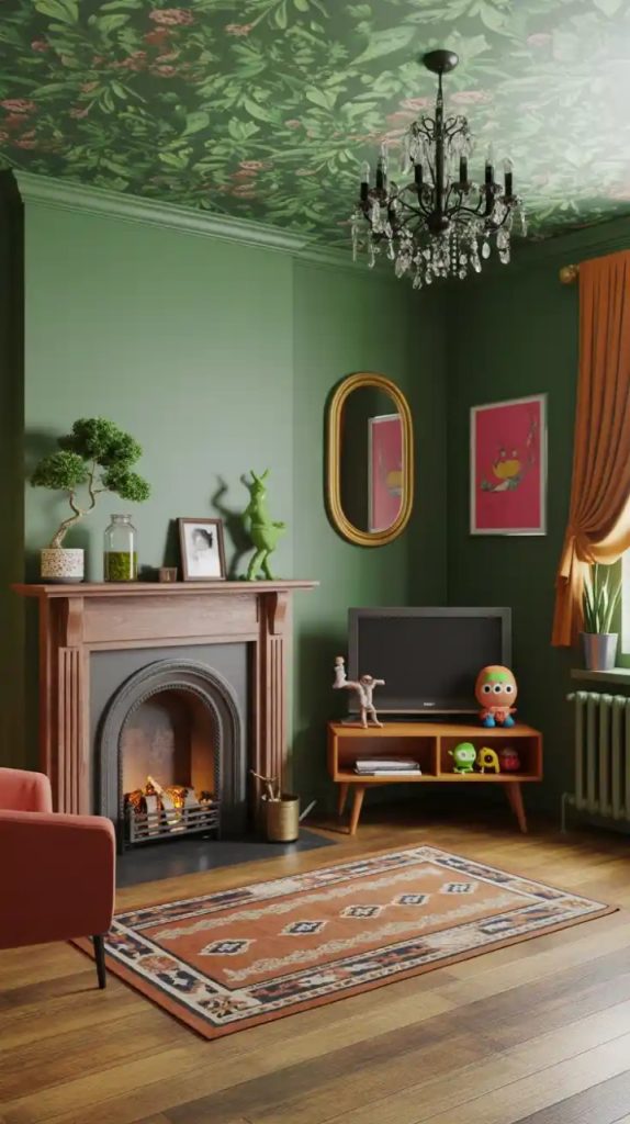 Boho fireplace with rattan chair and woven accents