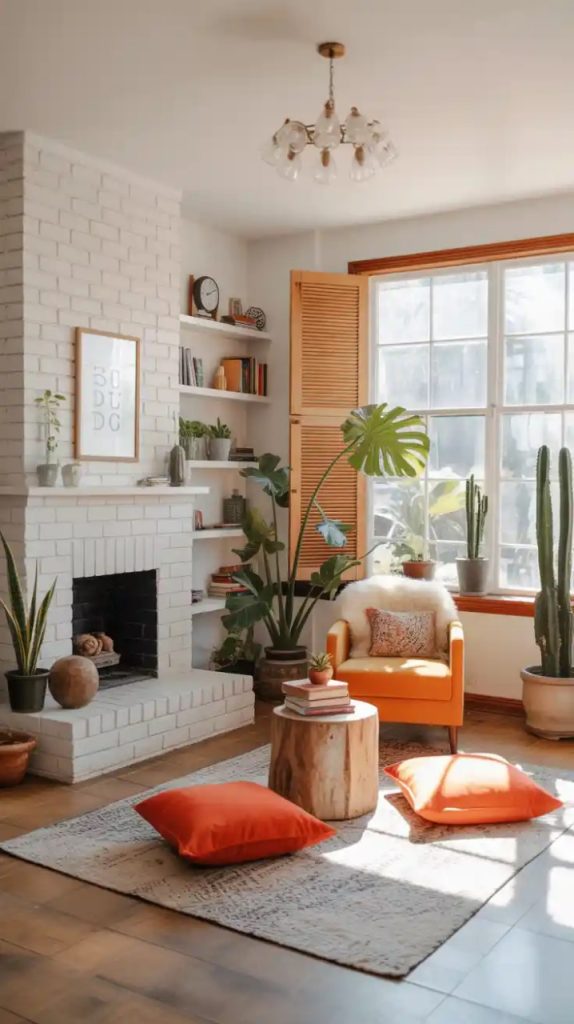 Whitewashed minimalist Boho fireplace with greenery