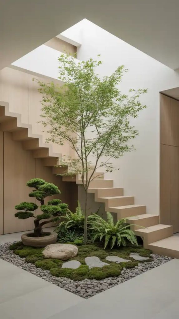 Water feature with lush plants under stairs design