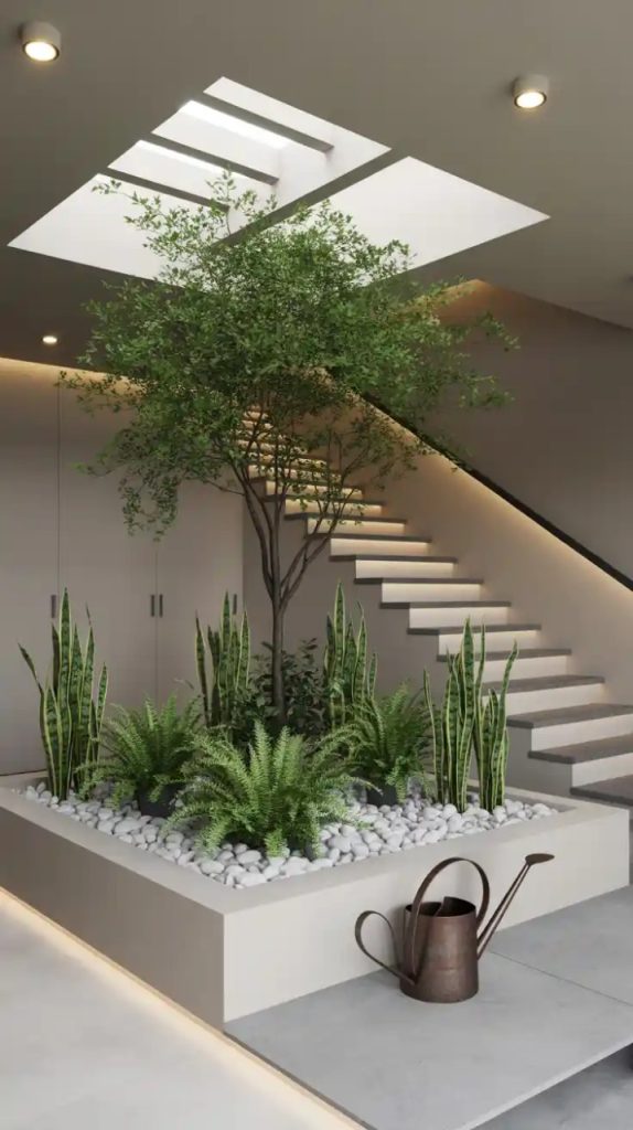 Fairy light garden with glowing greenery under staircase