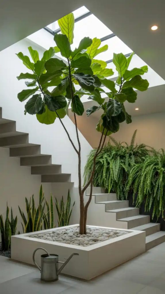 Modern sleek oasis with fiddle-leaf fig plants