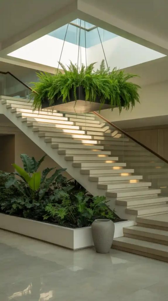 Green library combo with books and plants under stairs
