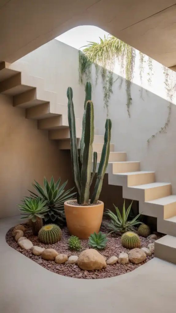 Indoor herb garden with wooden racks under staircase