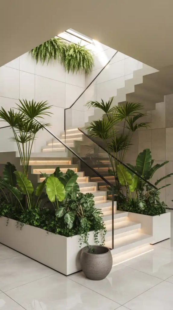 Glass terrarium display with succulents under stairs