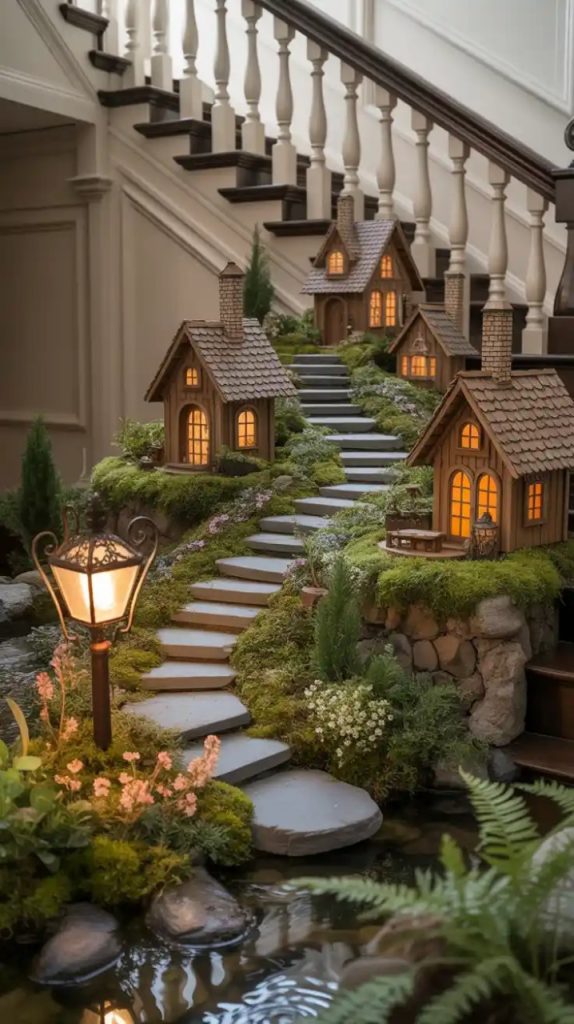 Indoor jungle under stairs with tropical plants