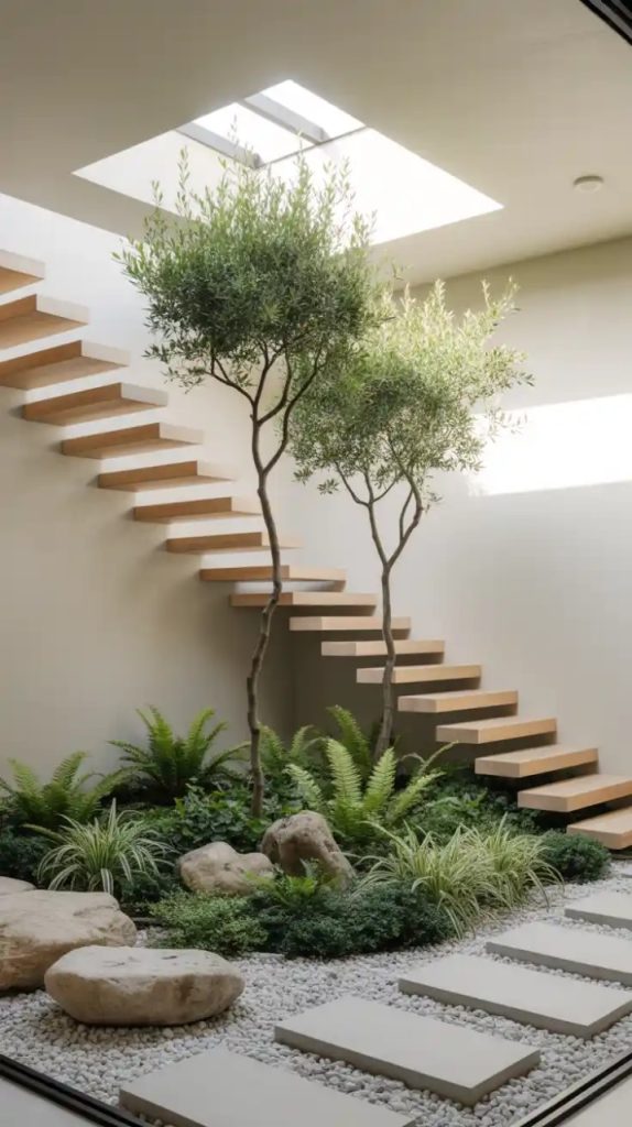 Vertical green wall under staircase with ferns