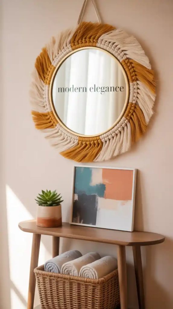 Arched wooden boho mirror leaning on wall