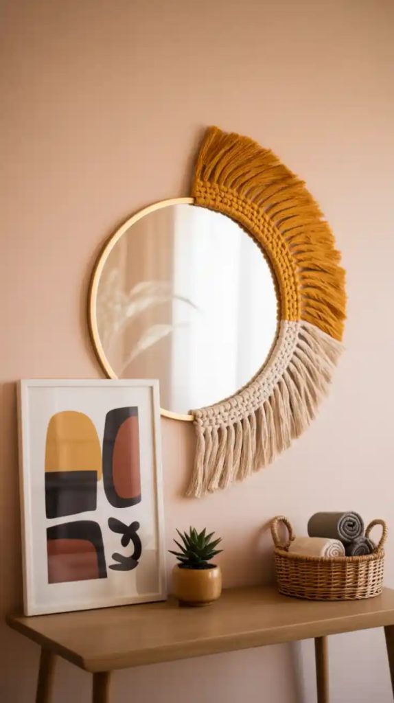 Macramé framed round mirror in entryway