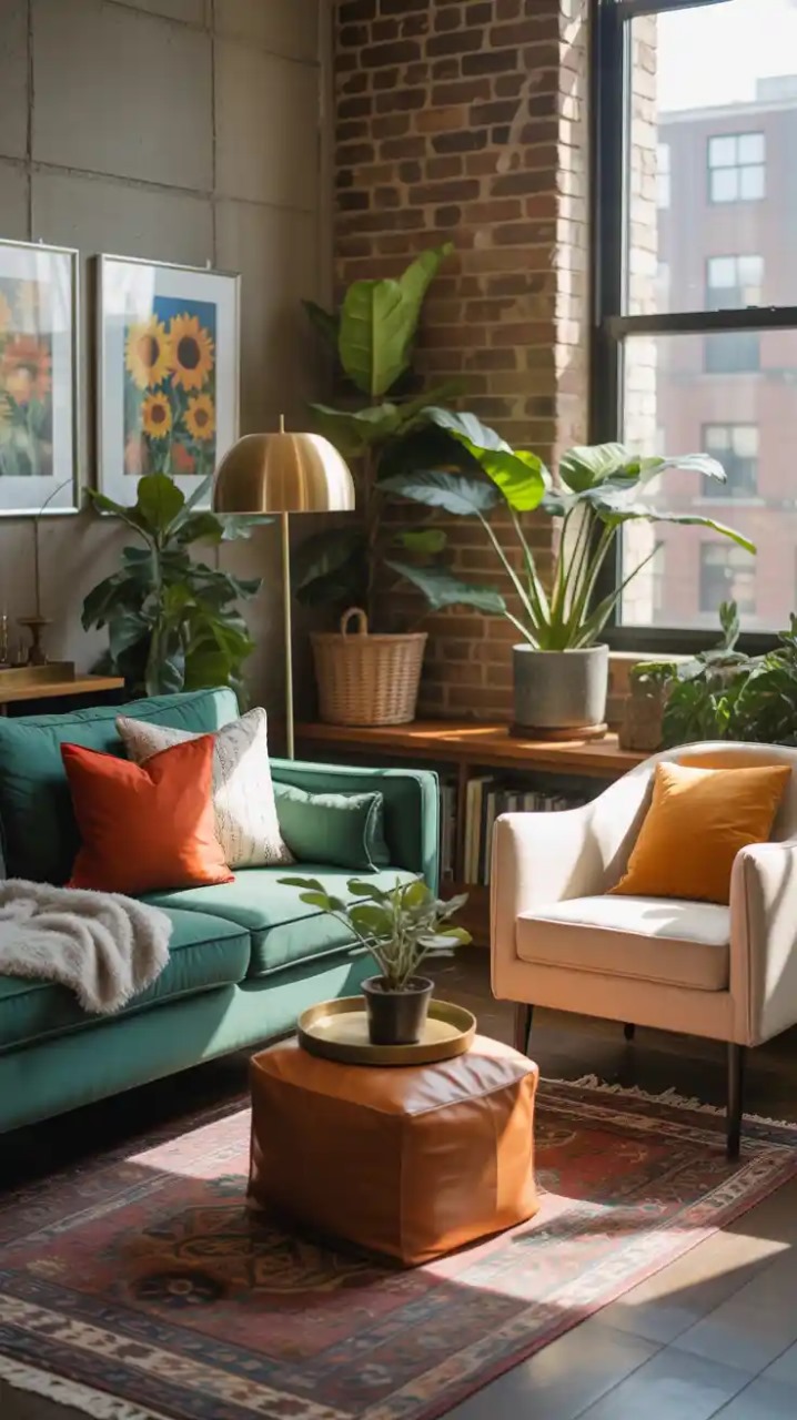 Low coffee table surrounded by eclectic boho pillows