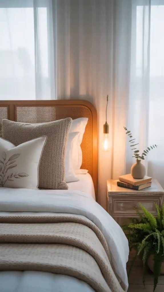 Warm bedroom with plush pillows and faux fur throws