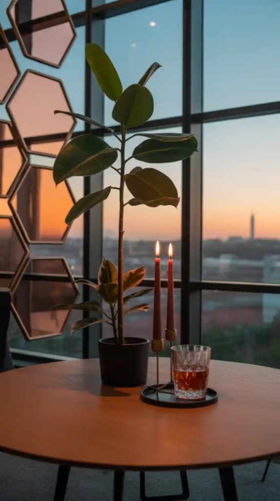 Boho coffee table styled with candles and greenery