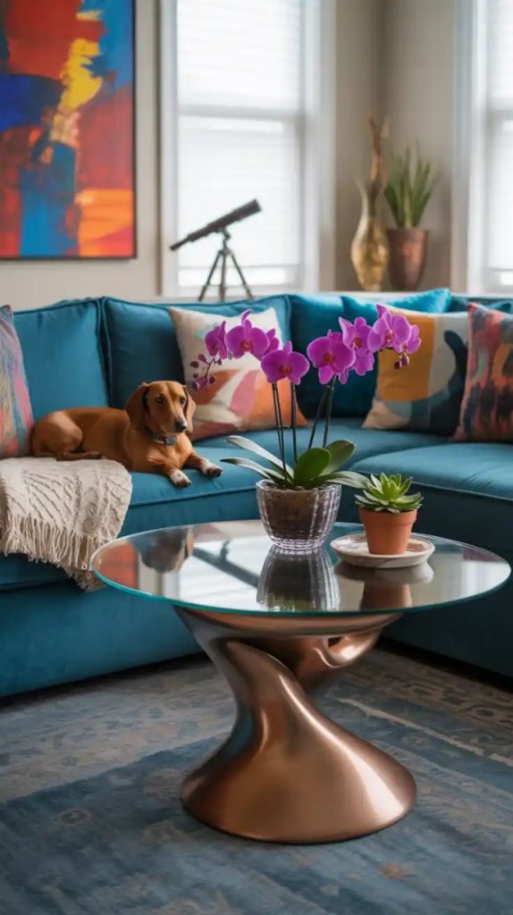 Cozy coffee table with layered textiles and books