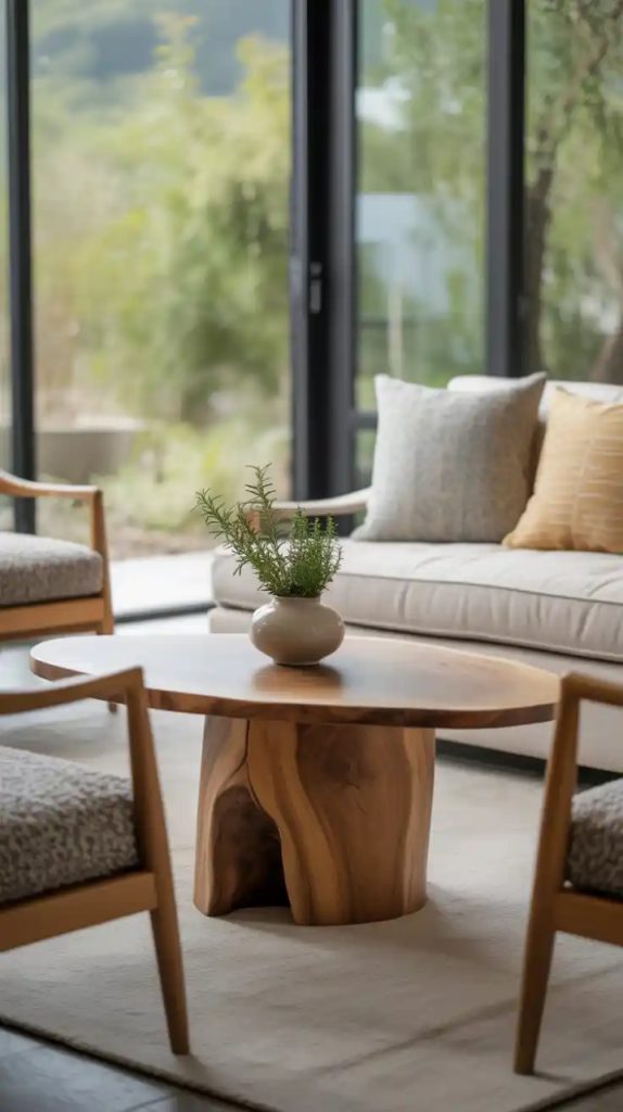 Bohemian living room with rustic coffee table accents