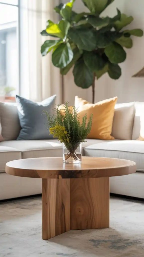 Wooden coffee table with woven runner and eclectic décor