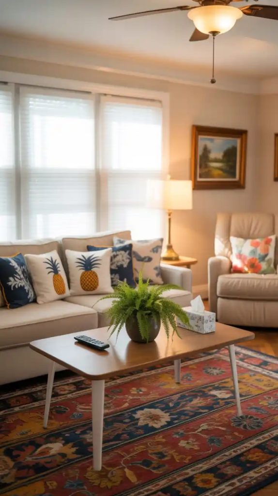 Boho rattan tray holding candles and décor items