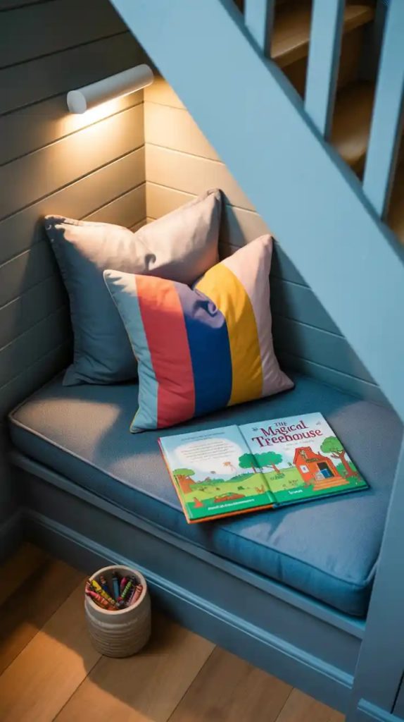 Safari-themed under stairs nook with leafy wallpaper