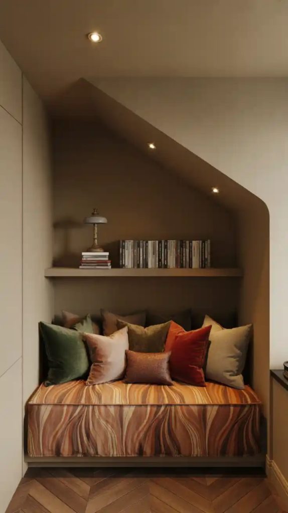 Minimalist staircase nook with wooden shelves and lamp