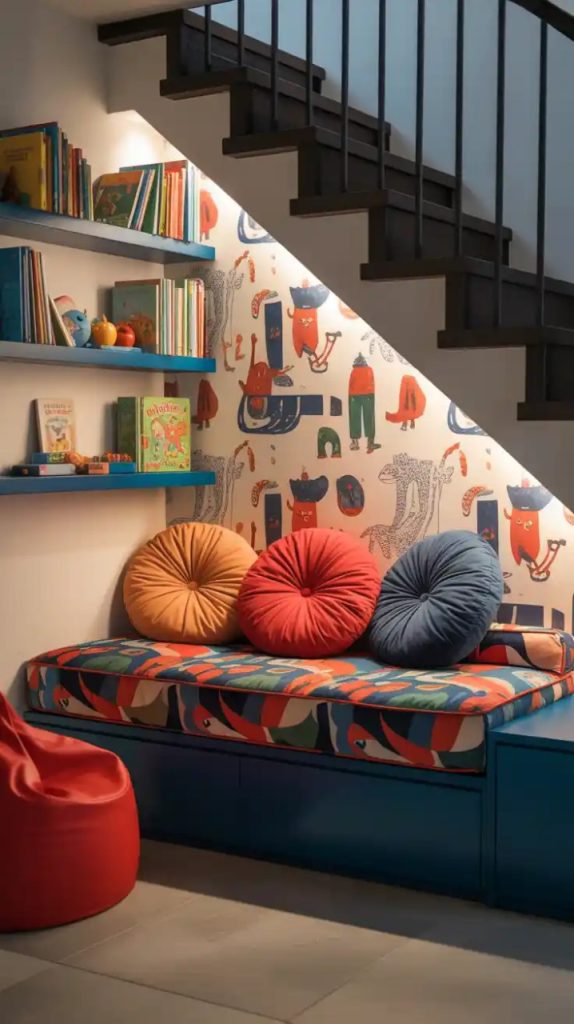 Rainbow-themed under stairs nook with colorful shelves