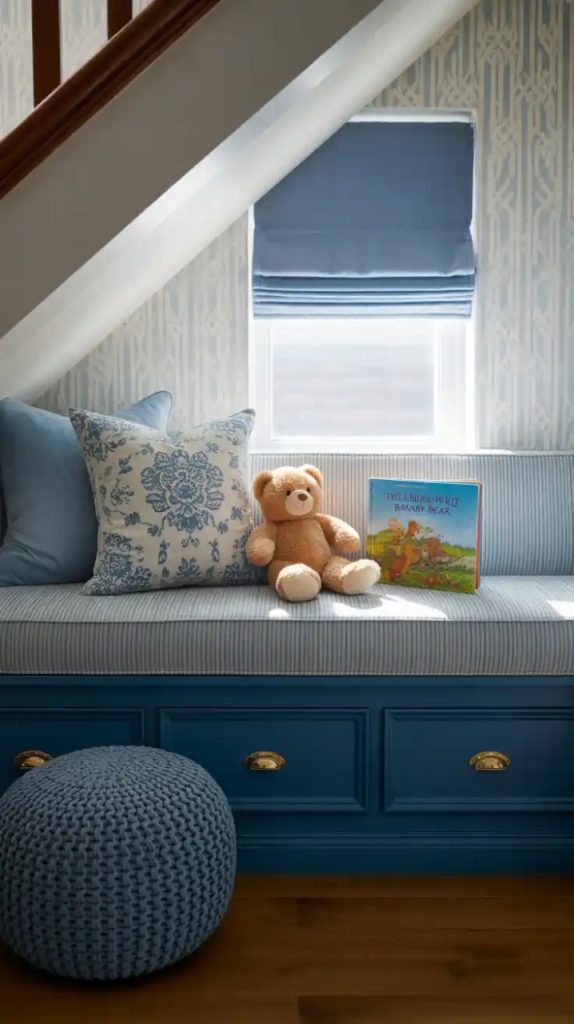 Hobbit-inspired reading nook with round wooden door