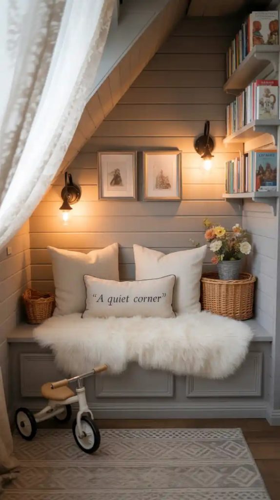 Cozy kids’ library hideaway under the stairs