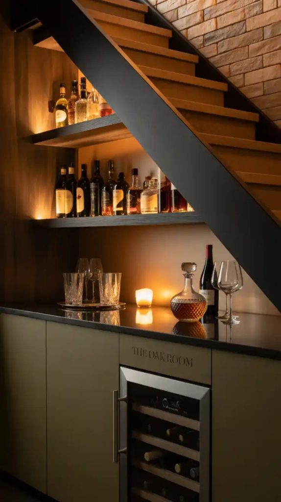 Rustic under stairs wine and coffee nook