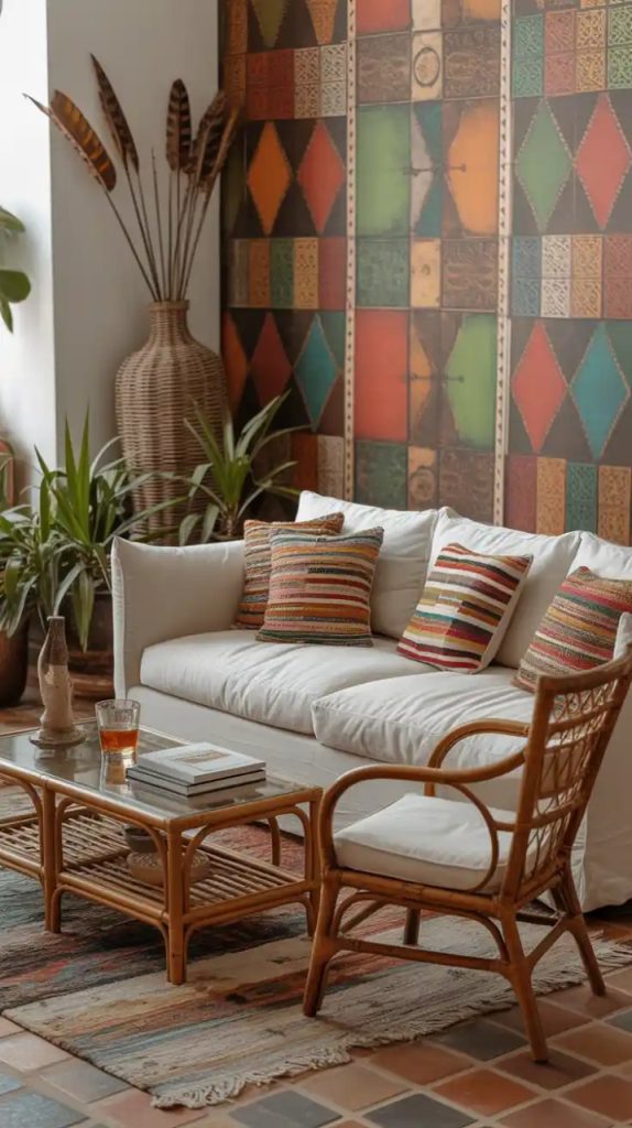 Faux rattan effect wallpaper in a boho living room