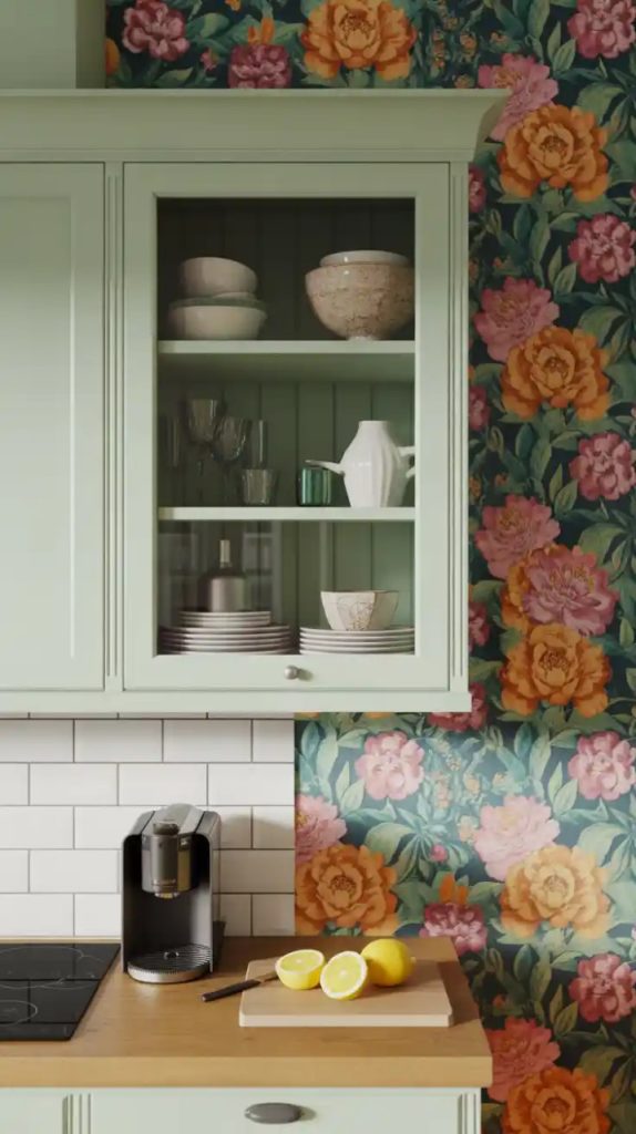 Boho room with botanical wallpaper and rattan chair