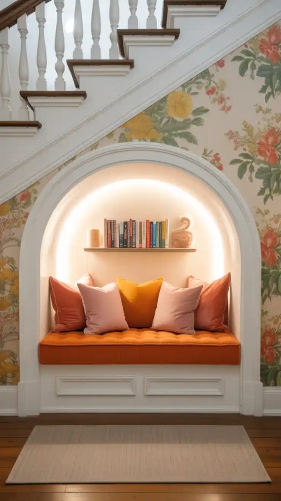 Under stairs reading nook with bookshelves for kids