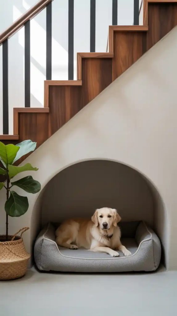 Pet nook under stairs with storage cabinets